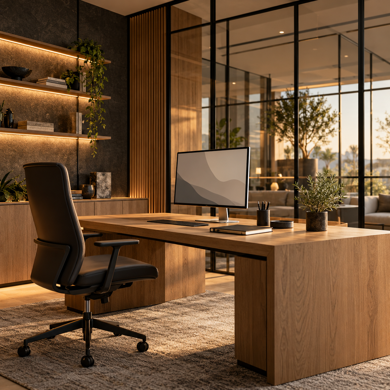Illustratives Agenturbüro mit Eichenschreibtisch, Glaswänden und warmem Licht